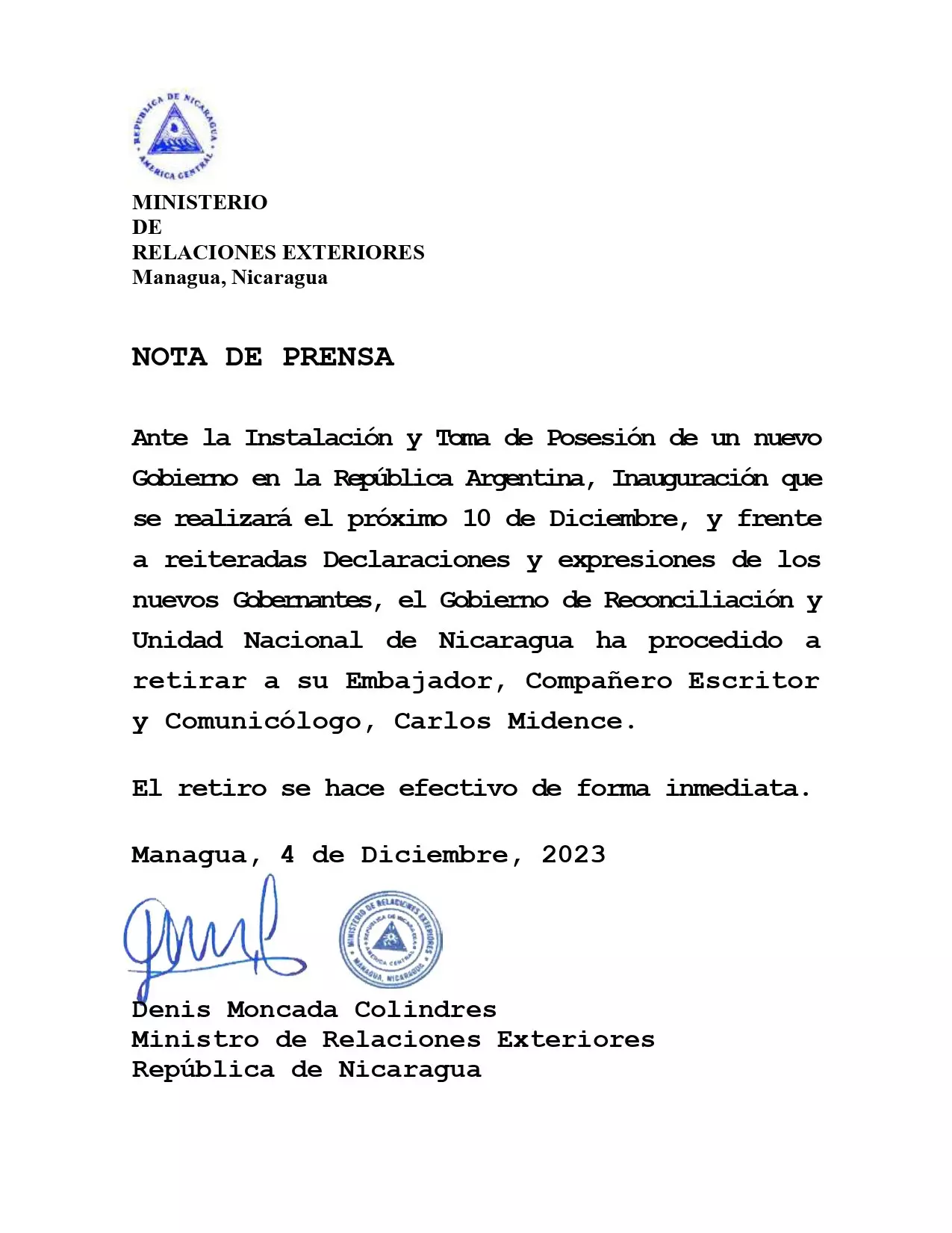 Comunicado del Ministerio de Relaciones Exteriores de Nicaragua.