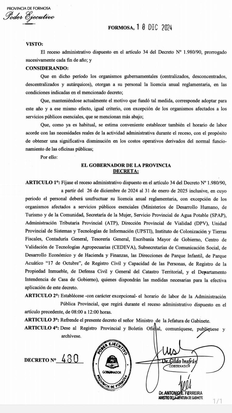 formosa asueto administrativo y receso