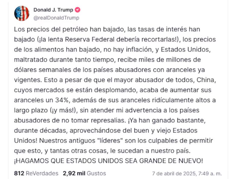 La publicación de Donald Trump en la red social Truth Social