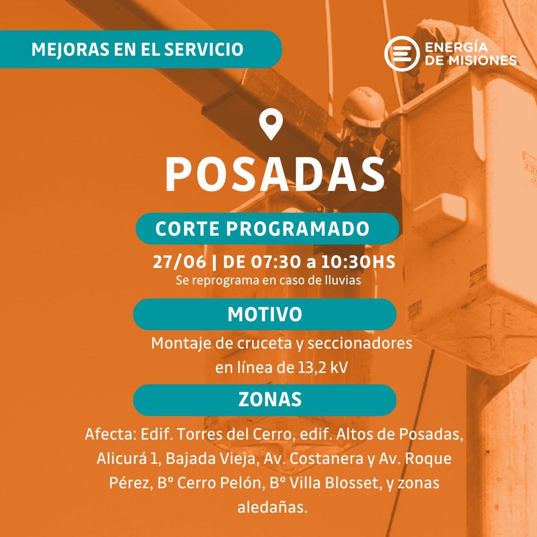 Energía de Misiones anunció un corte programado en zonas céntricas de Posadas este viernes 1