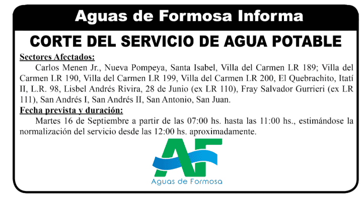 Cortes de Agua de Formosa para el martes 16 de septiembre. 