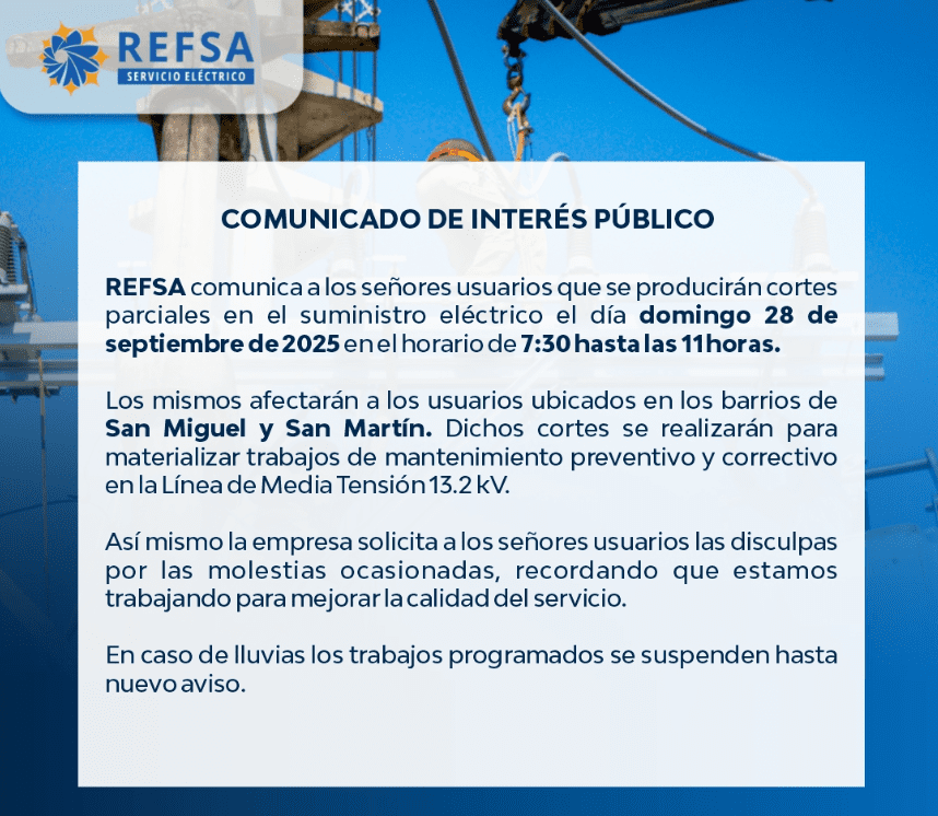 Habrá cortes programados para el domingo 28 de septiembre. Foto: REFSA. 