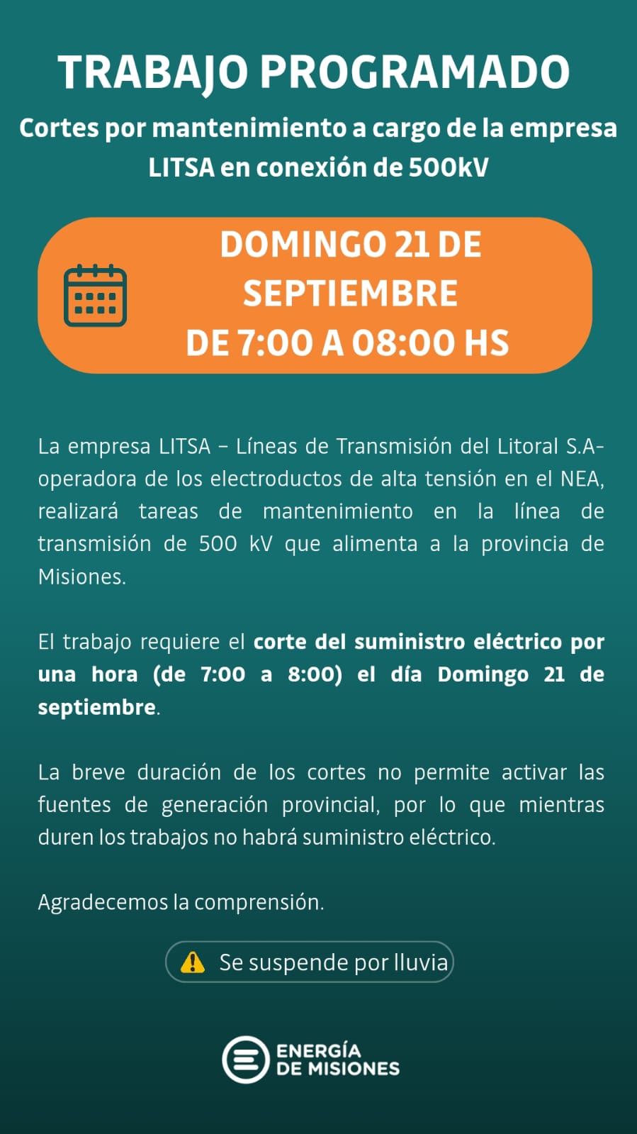energía de misiones corte de luz