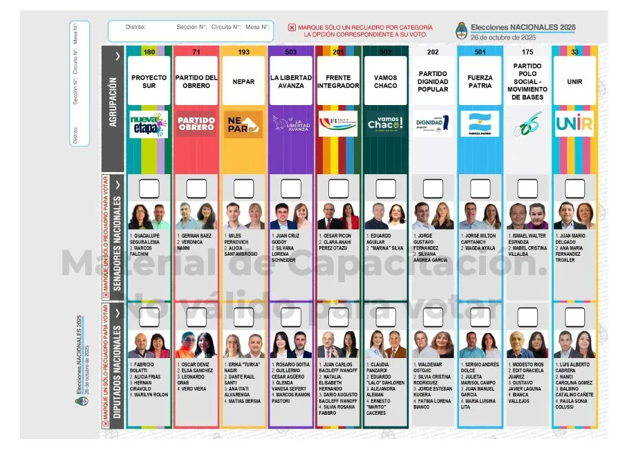 Así será la boleta única con la que se votará en Chaco. Fuente: Dirección Nacional Electoral.