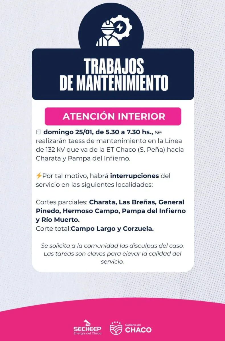Cortes de luz programados este domingo en varias localidades de Chaco 2