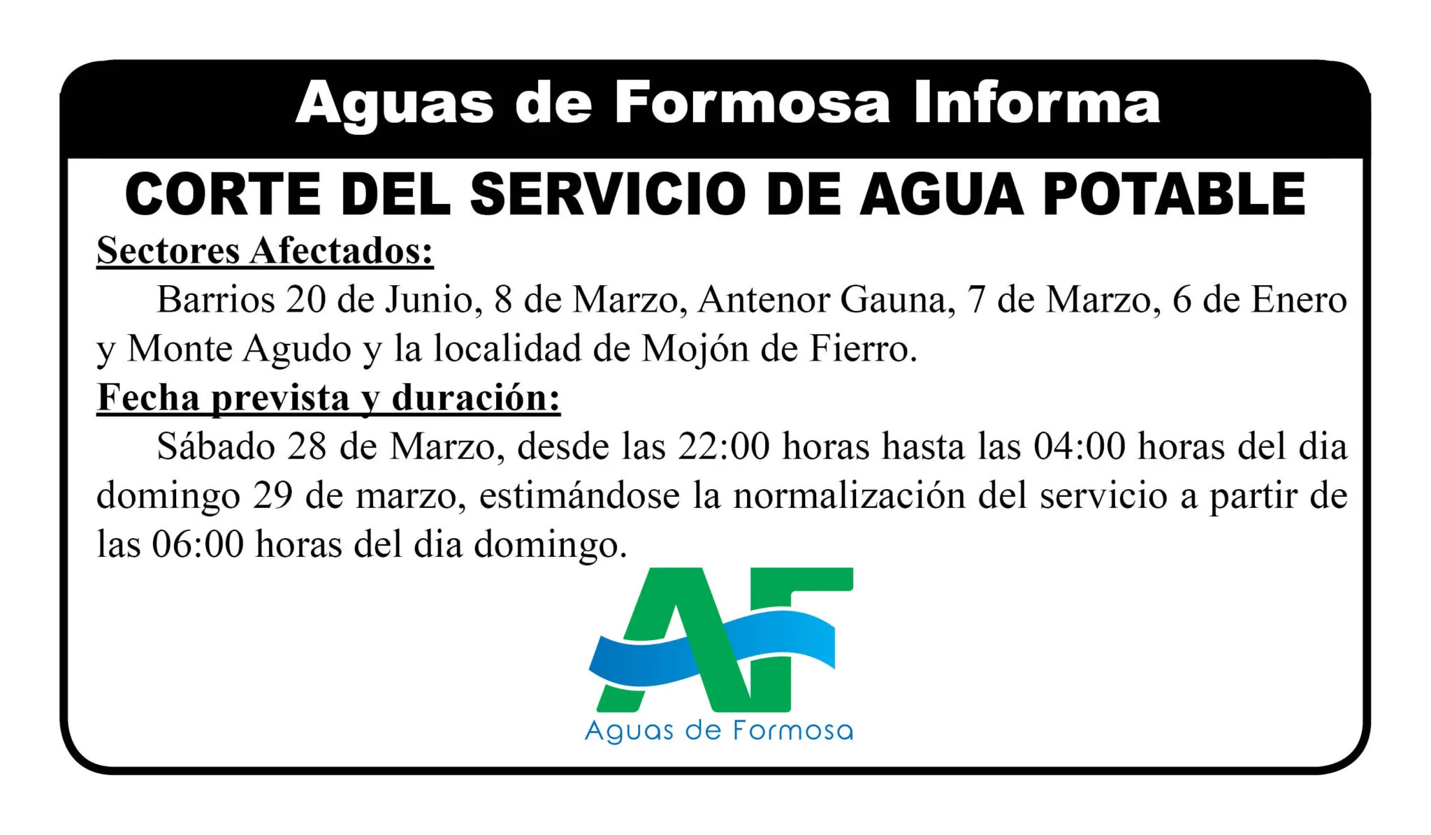 28 de marzo corte de aguas de Formosa