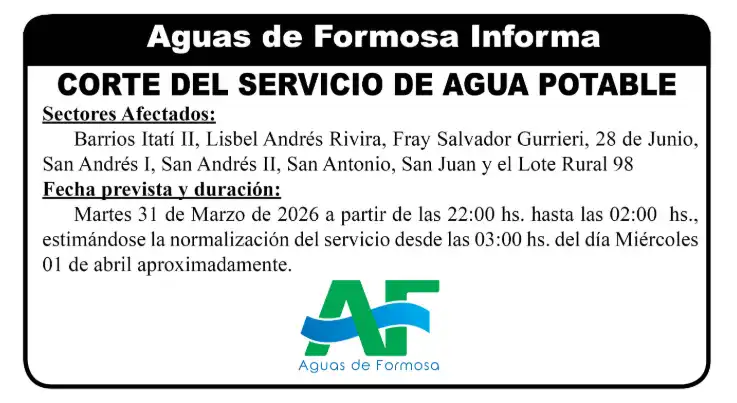 Corte de Aguas de Formosa este martes 31 de marzo