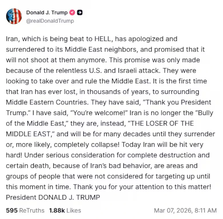 Trump reaccionó al mensaje del presidente de Irán y prometió que hoy la republica islámica será golpeada con fuerza.
