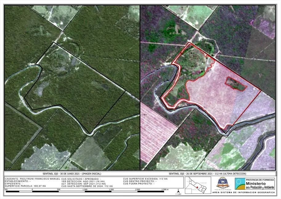 El desmonte en imágenes satelitales del Sentinel_JQS del 30/06/2021 y del 26/09/2021. Foto: Agenfor.
