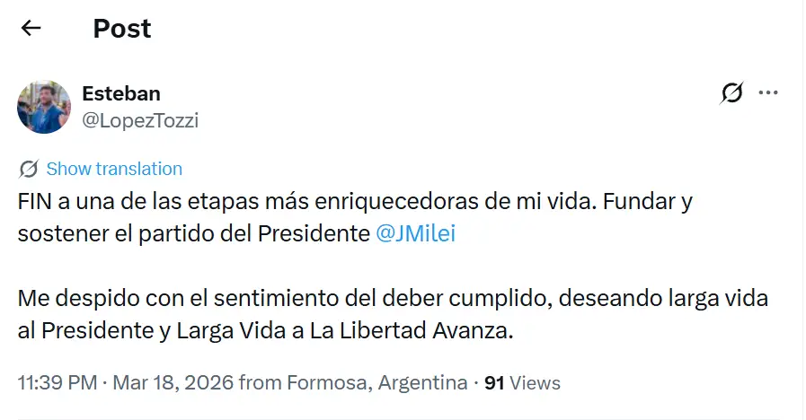 Tweet de López Tozzi sobre su renuncia