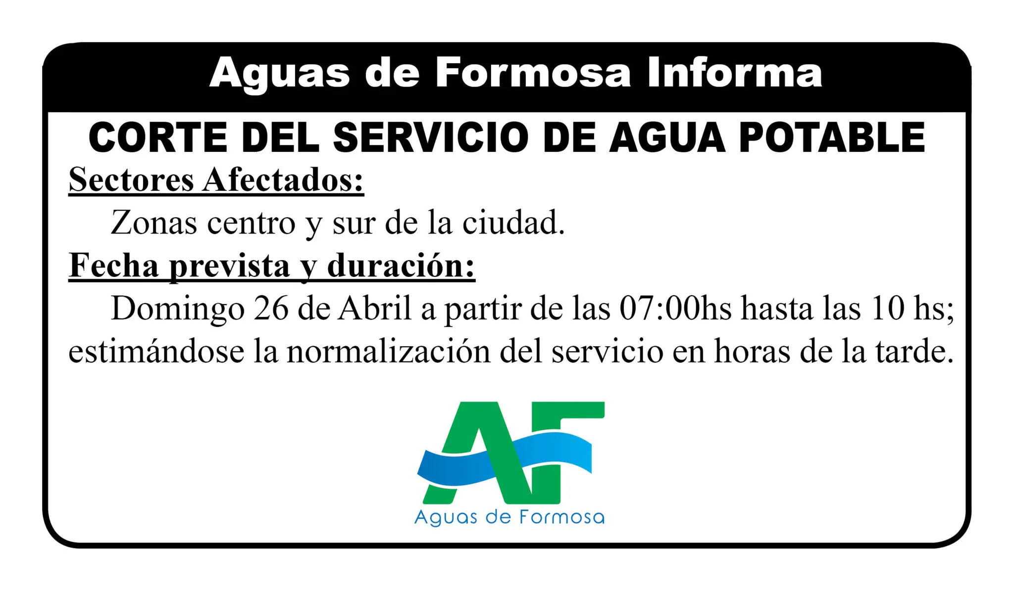 Corte de agua programado para el 26 de abril