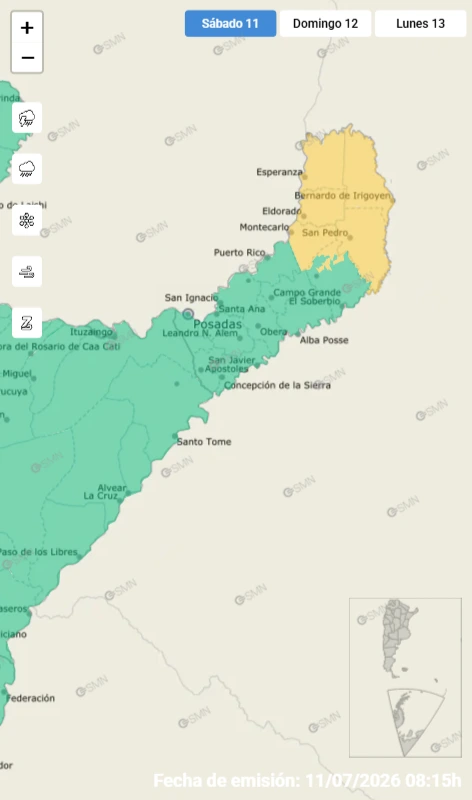 El Servicio Meteorológico Nacional emitió una alerta amarilla por tormentas fuertes para el norte y centro de Misiones este sábado.