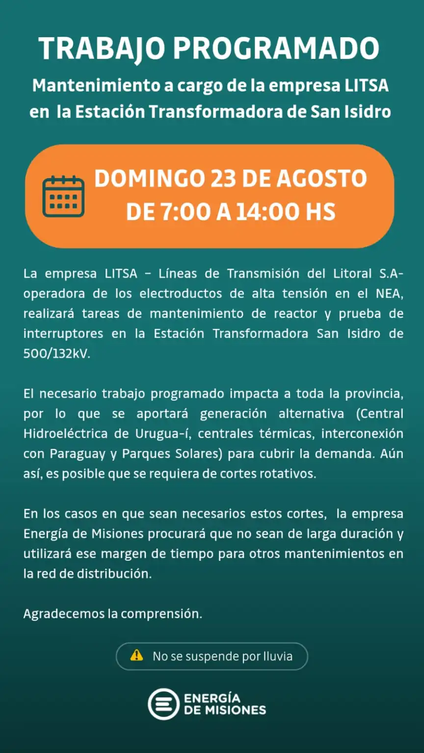 Por trabajos de mantenimiento, habrán cortes rotativos de luz en Misiones este domingo